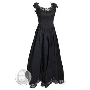 Vintage 40s Party Dress Black Taffeta with Scalloped Lace Hem Irving Detroit